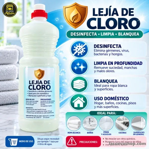Lejía de cloro B.L 1 litro — desinfecta y blanquea