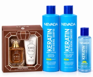 Combo Nevada Keratina + set de regalo Exotic: shampoo, acondicionador, silicona y perfume
