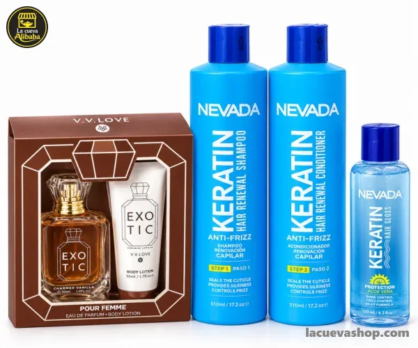 27c4ae04-ce29-49f9-bfb2-045ece4e7352 Combo Nevada Keratina + set de regalo Exotic: shampoo, acondicionador, silicona y perfume