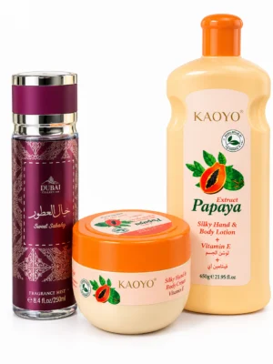 Combo papaya: crema corporal, exfoliante y colonia Sweet Serenity